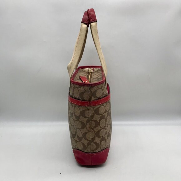 Coach Brown Monogram Canvas Pink Heritage Stripe Tote Bag 11349 - Picture 3 of 11